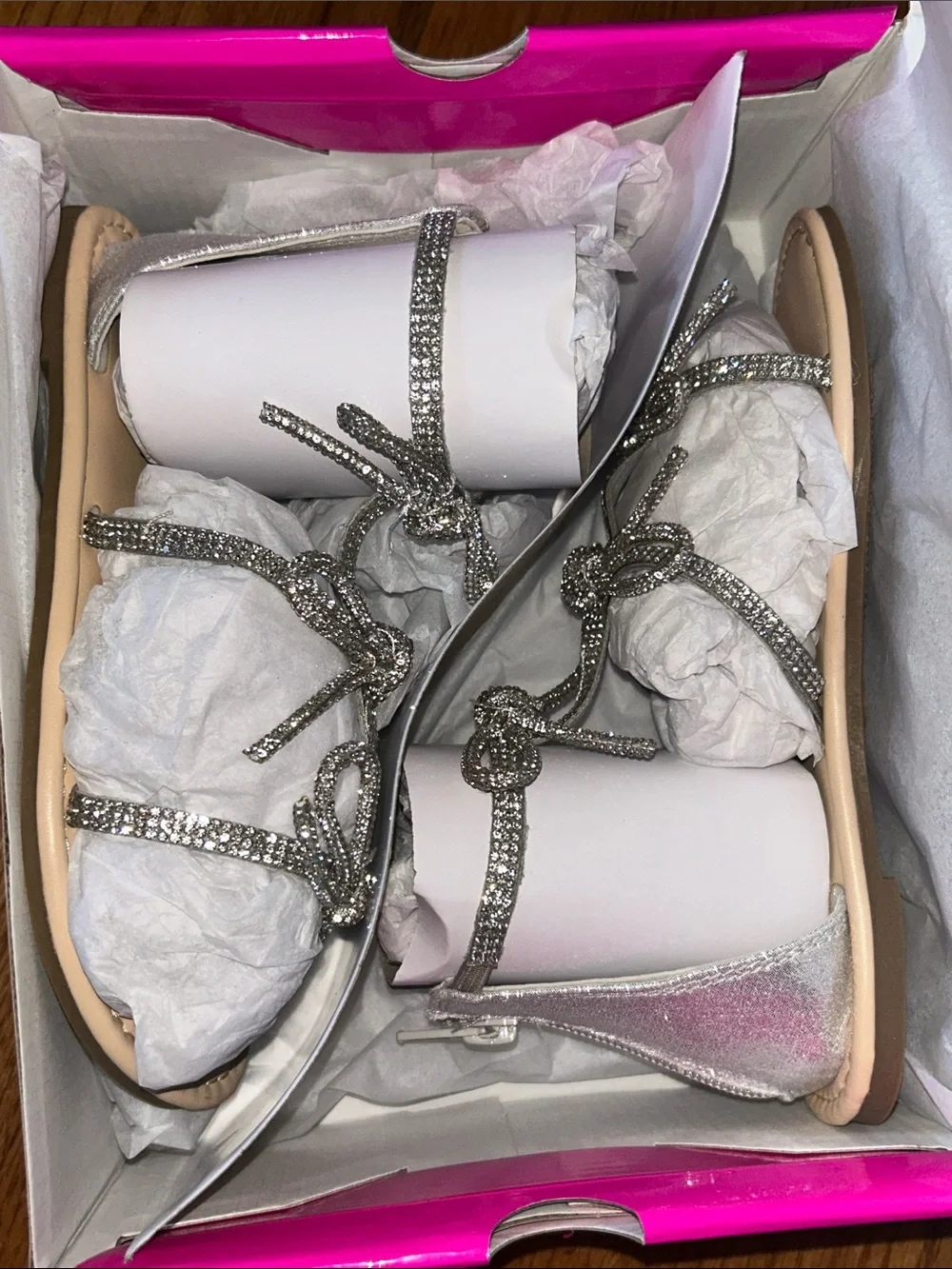 Rhinestone Bow T-Strap Leather Flat Sandals in Silver - Sugar NIB 13